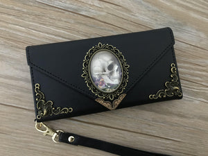 Antique goth skull phone leather wallet case, handmade phone wallet cover for Apple / Samsung DC019-icasecollections