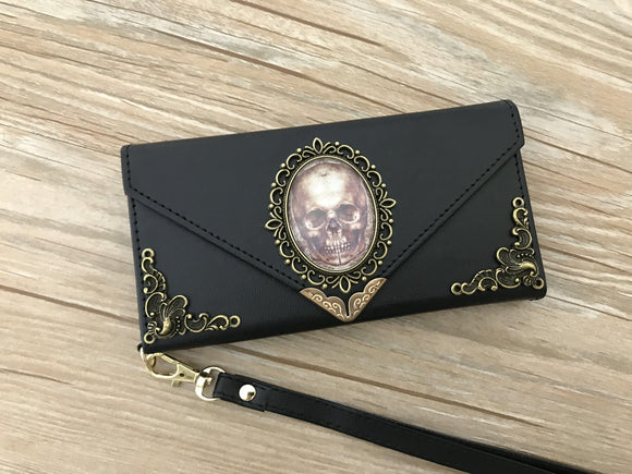 Antique goth skull phone leather wallet case, handmade phone wallet cover for Apple / Samsung DC017-icasecollections