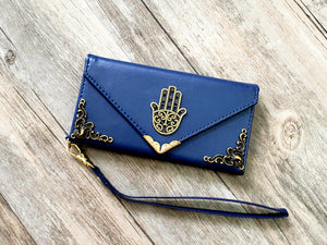 Hamsa phone leather wallet case, handmade phone wallet cover for Apple / Samsung MN1087-icasecollections