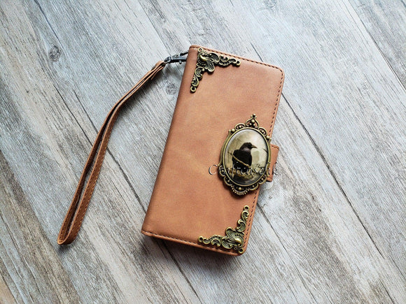 Antique gothic crow Zipper leather wallet case for iPhone X XS XR 11 12 13 Pro Max 8 7 Samsung S21 S20 Ultra S10 S9 Note 20 9 10 Plus MN2678