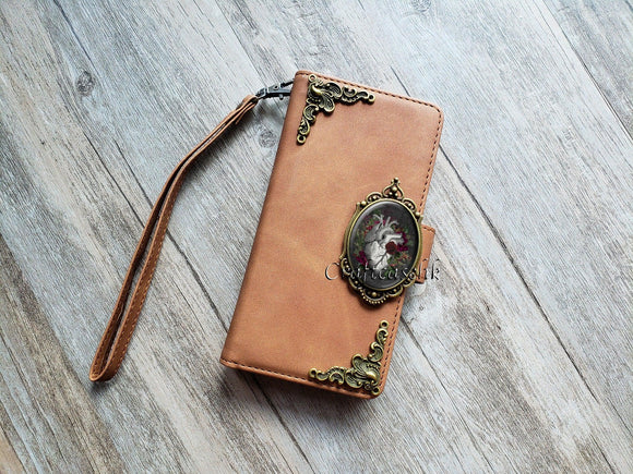 Gothic Anatomical Heart Zipper leather wallet case for iPhone 8 X XS XR 11 12 13 Pro Max Samsung S21 S20 Ultra S10 Note 20 9 10 Plus MN2681