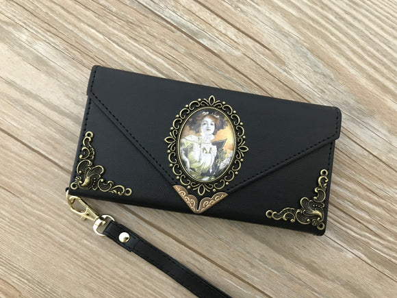 Mucha Women phone leather wallet case, handmade phone wallet cover for Apple / Samsung DC013-icasecollections