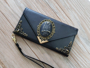 Owl phone leather wallet case, handmade phone wallet cover for Apple / Samsung MN0792-icasecollections