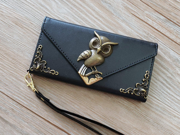 Owl phone leather wallet case, handmade phone wallet cover for Apple / Samsung MN0800-icasecollections