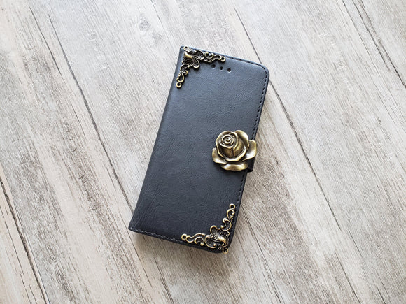 Rose leather wallet handmade phone case cover for Apple / Samsung MN1133-icasecollections