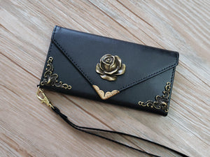 Rose phone leather wallet case, handmade phone wallet cover for Apple / Samsung MN0794-icasecollections