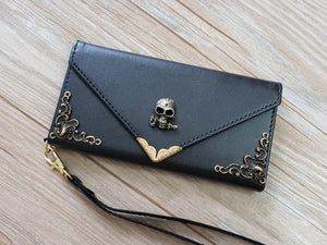 Skull phone leather wallet case, handmade phone wallet cover for Apple / Samsung MN0797-icasecollections