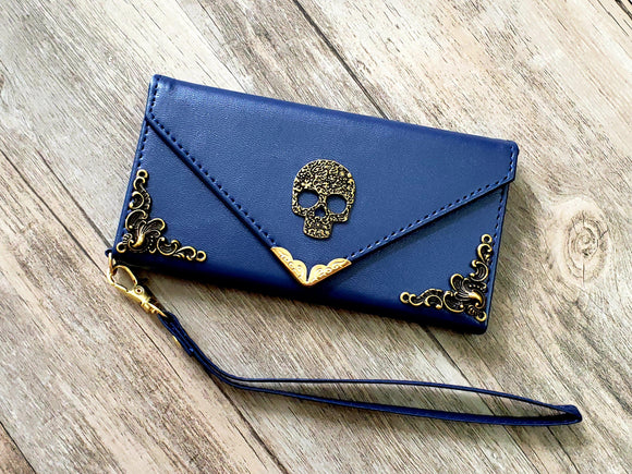 Skull phone leather wallet case, handmade phone wallet cover for Apple / Samsung MN1097-icasecollections