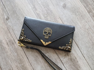 Skull phone leather wallet case, handmade phone wallet cover for Apple / Samsung MN1161-icasecollections